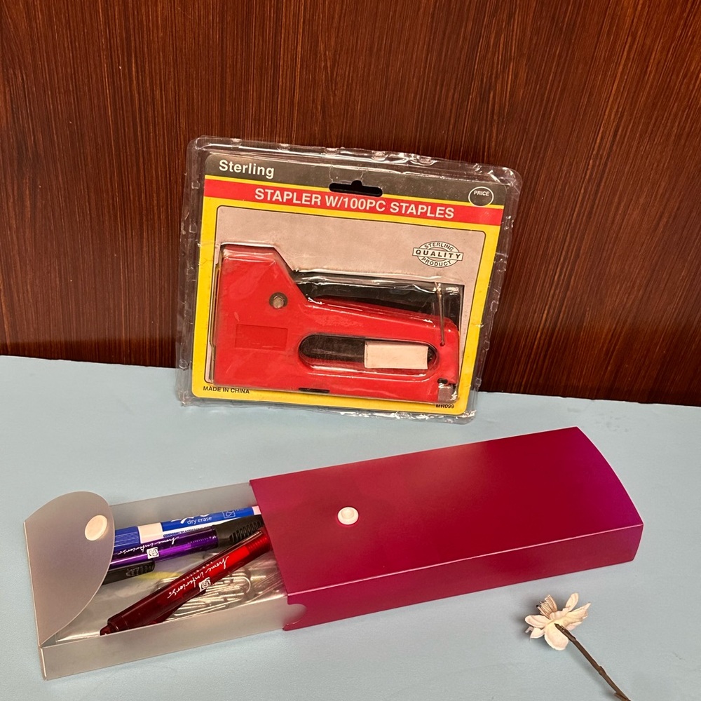 Sliding Pens and Pencils Case with Button Snap and Stapler